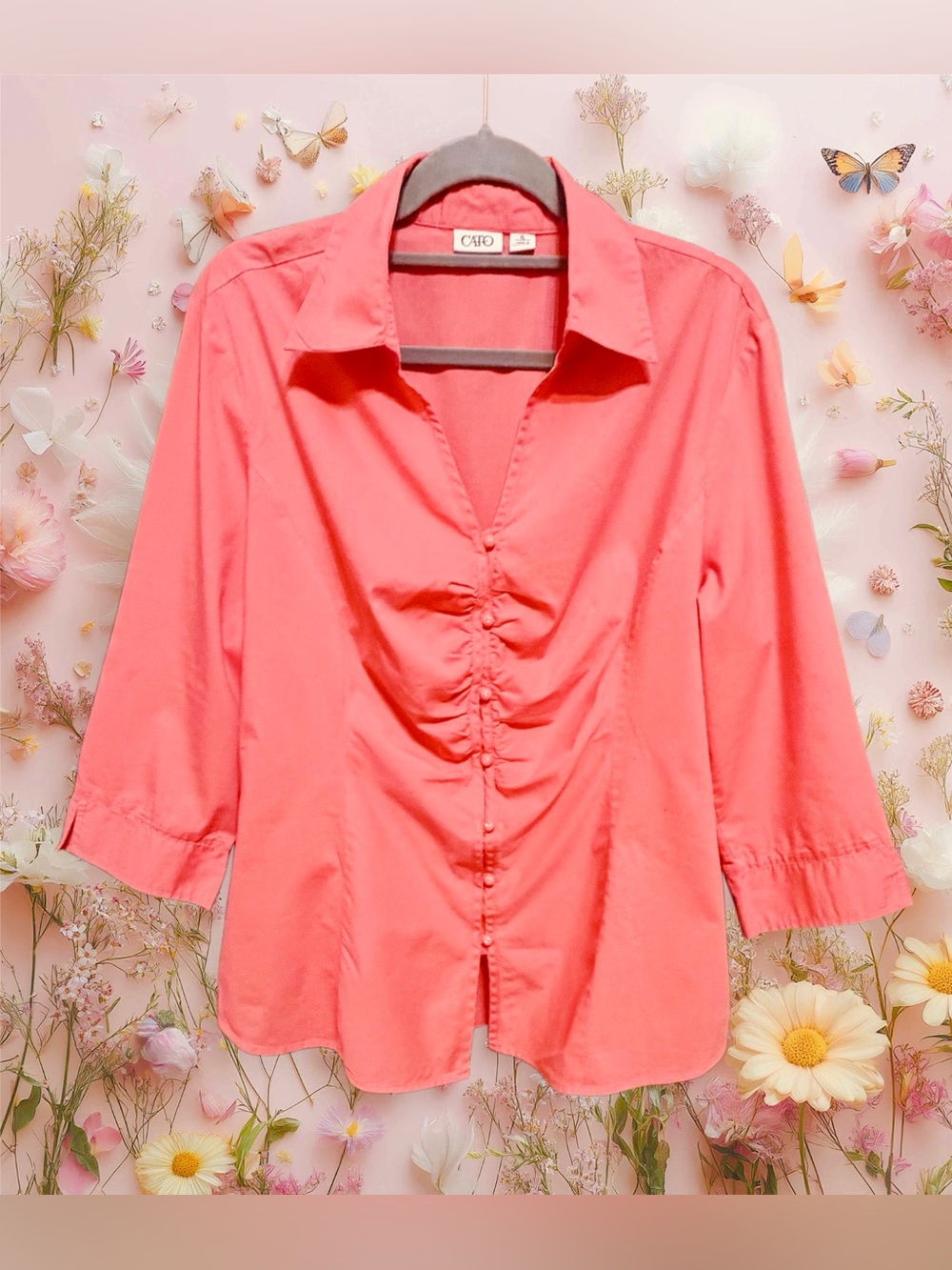 Cato Coral Ruched-Front Button-Down Shirt size XL